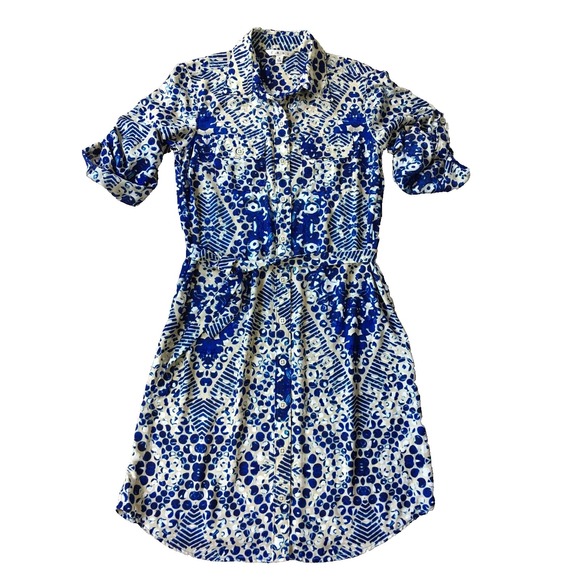 CAbi Dresses & Skirts - Cabi Blue Jewel Print Shirt Dress Women S 4 6 Button Up #422 Roll Tab Sleeve